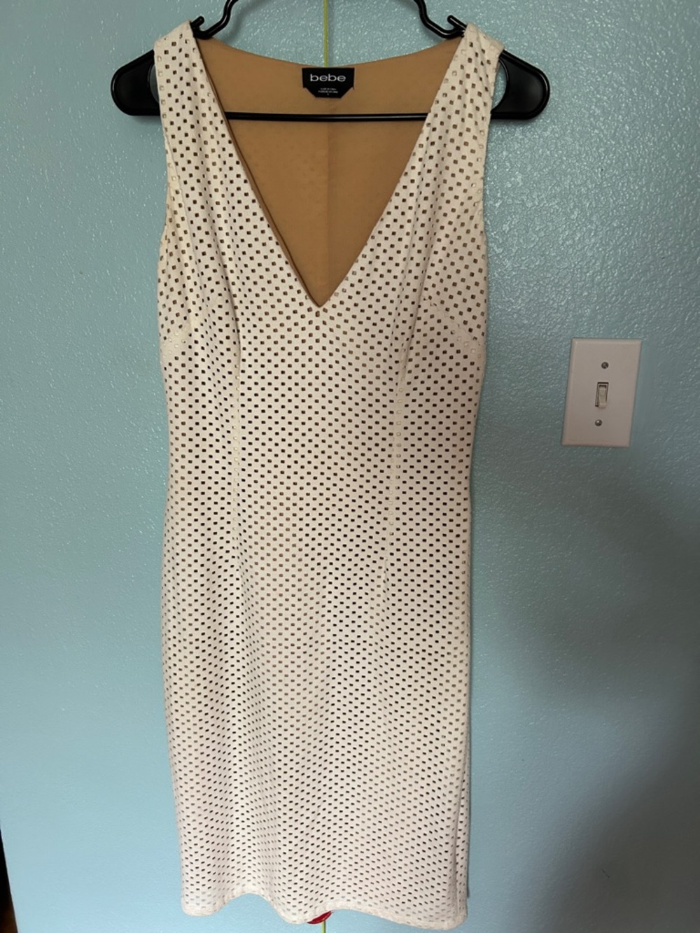 Bebe faux suede sheath V-Neck Midi Dress in cream white